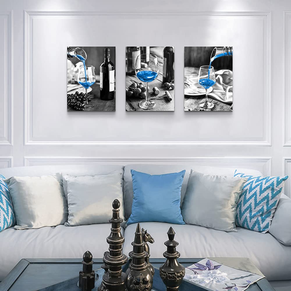 Canvas Wall Art For Kitchen Wall Decor For Dining Room Black And White Wine Glasses Painting Modern Blue Wine Canvas Art Prints Ready To Hang Pictures For Restaurant Home Decorations 16"X24" 3 Pieces