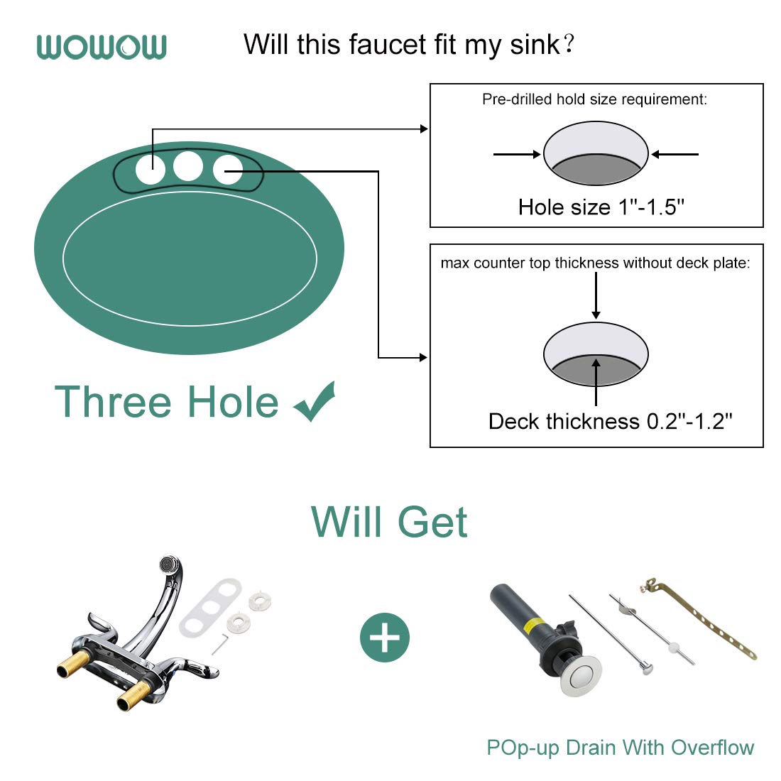 WOWOW Bathroom Faucet 2 Handle 4 Inch Centerset Bathroom Sink Faucet Lead-Free Basin Mixer Tap Lift Rod Drain Stopper, Two-Handle Center-Set Lavatory Faucet Chrome