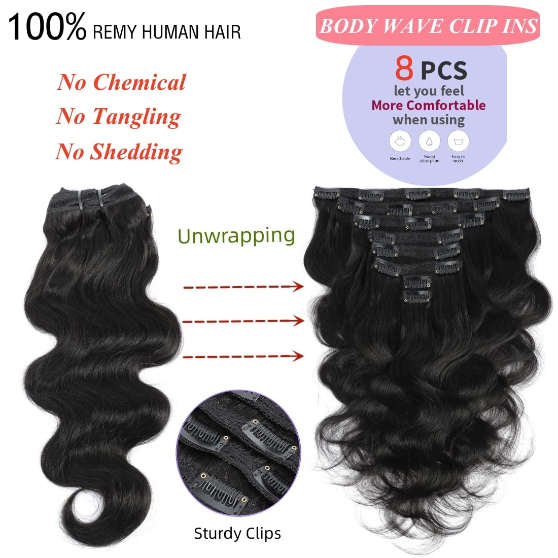 LUMIERE Body Wave Clip In Hair Extensions Real Human Hair Seamless Clip In Hair Extensions For Black Women 120g Grade 10A Brazilian Remy Hair 8Pcs With 20Clips Double Wefts Natural Black 24 Inch
