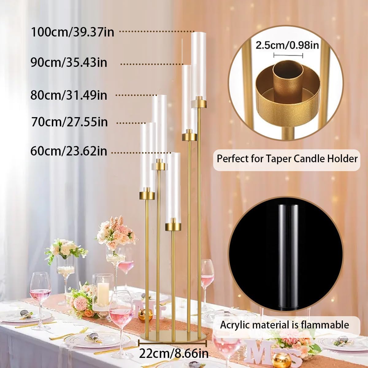 2PCS Gold Floor Candelabra,5 Arm Candle Holder Tall Floor Candle Holder with Acrylic Lampshade for Wedding Table Birthday Party Home Decoration Fit LED Taper Candles