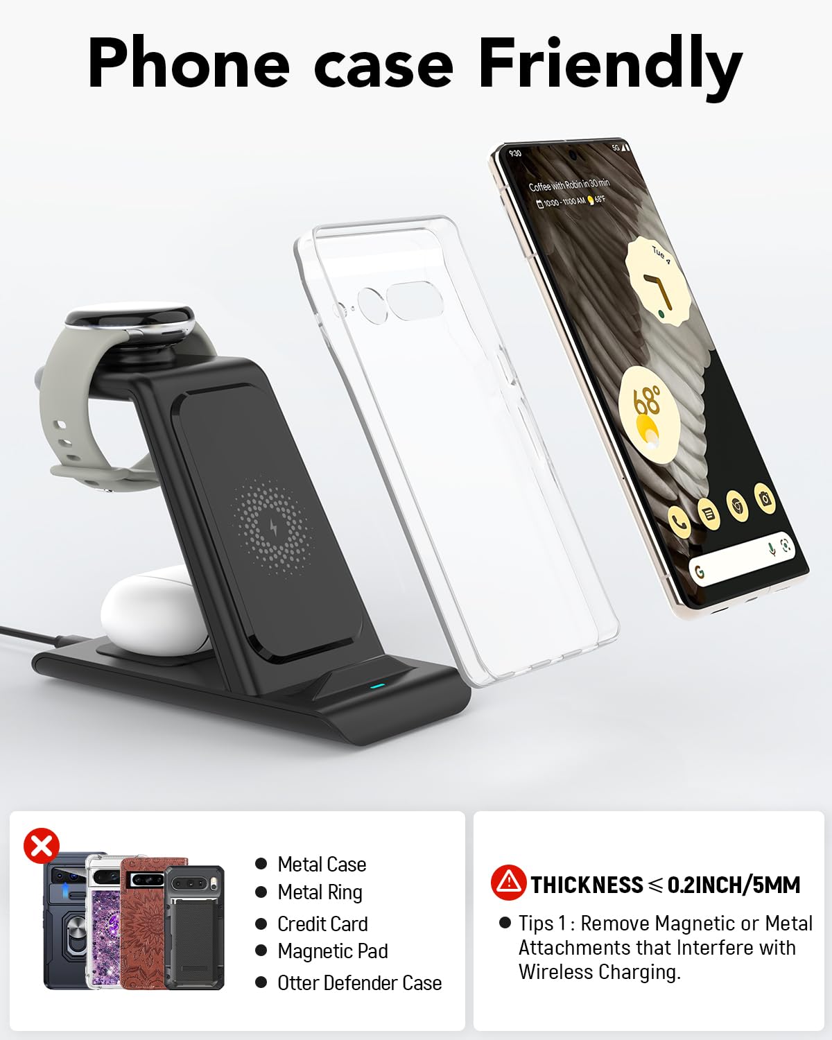 Upgraded 3 in 1 Wireless Charger Compatible with Google Pixel Watch 3/2, Pixel 9 Pro XL/9/Fold/8/7/7A/6 Pro, Pixel Buds Pro/2, Wireless Charging Station for Multiple Devices (Not for Pixel Watch 1)
