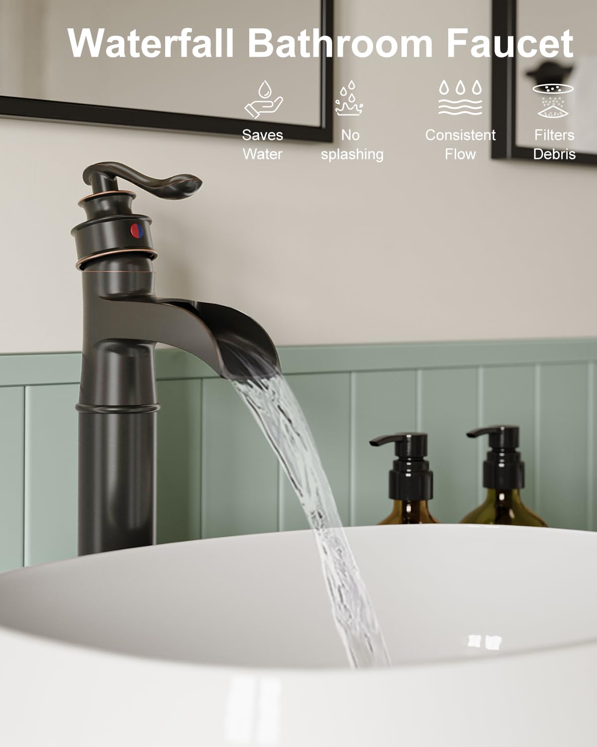 BWE Waterfall Spout Oil Rubbed Bronze Bathroom Faucet Single Handle One Hole Vessel Sink Faucet ORB Lavatory Faucets Deck Mount Tall Body Commercial