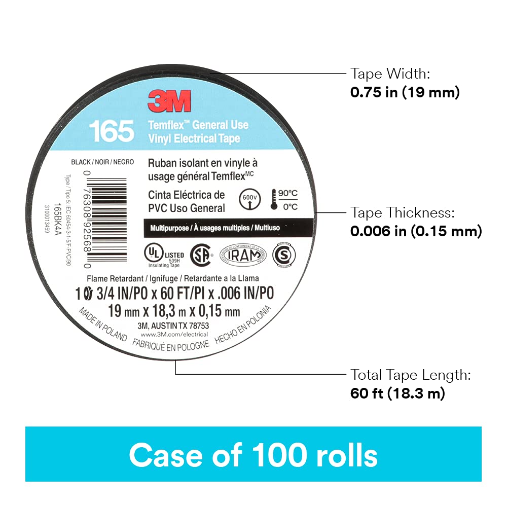 3M Temflex Vinyl Electrical Tape 165, Black, 3/4 in x 60 ft (19 mm x 18 m), 6 mil, 100 Rolls/Case