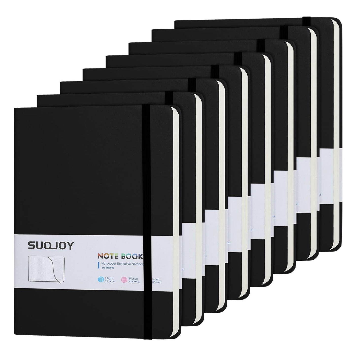 SUQJOY Lined Journal Notebooks for Writing, 100 GSM Thick Paper, 8 Pack Hardcover Notebooks, A5 College Ruled Notebook, Journaling Notebook for School/Travel/Office (Black- 8 Pack)