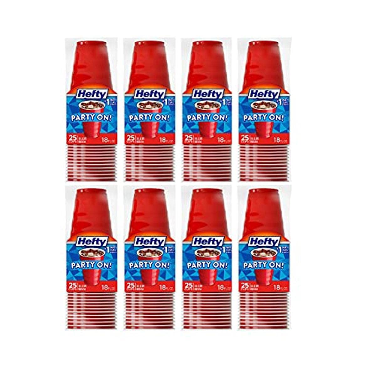 Hefty Party On Disposable Plastic Cups, Red, 18 Ounce, 8 packs of 25 Count