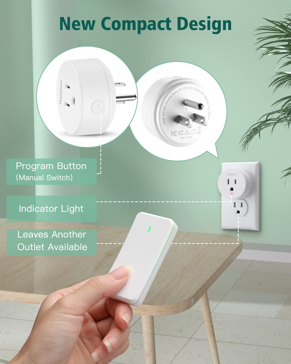 HAPYTHDA Remote Control Outlet, Wireless Wall Mounted Light Switch, 15A/1500W Remote Outlet for Light & Small Electrical Appliance, 300 Feet RF Range, Anti-Surge 4000V, 1 Remote and 2 Outlets