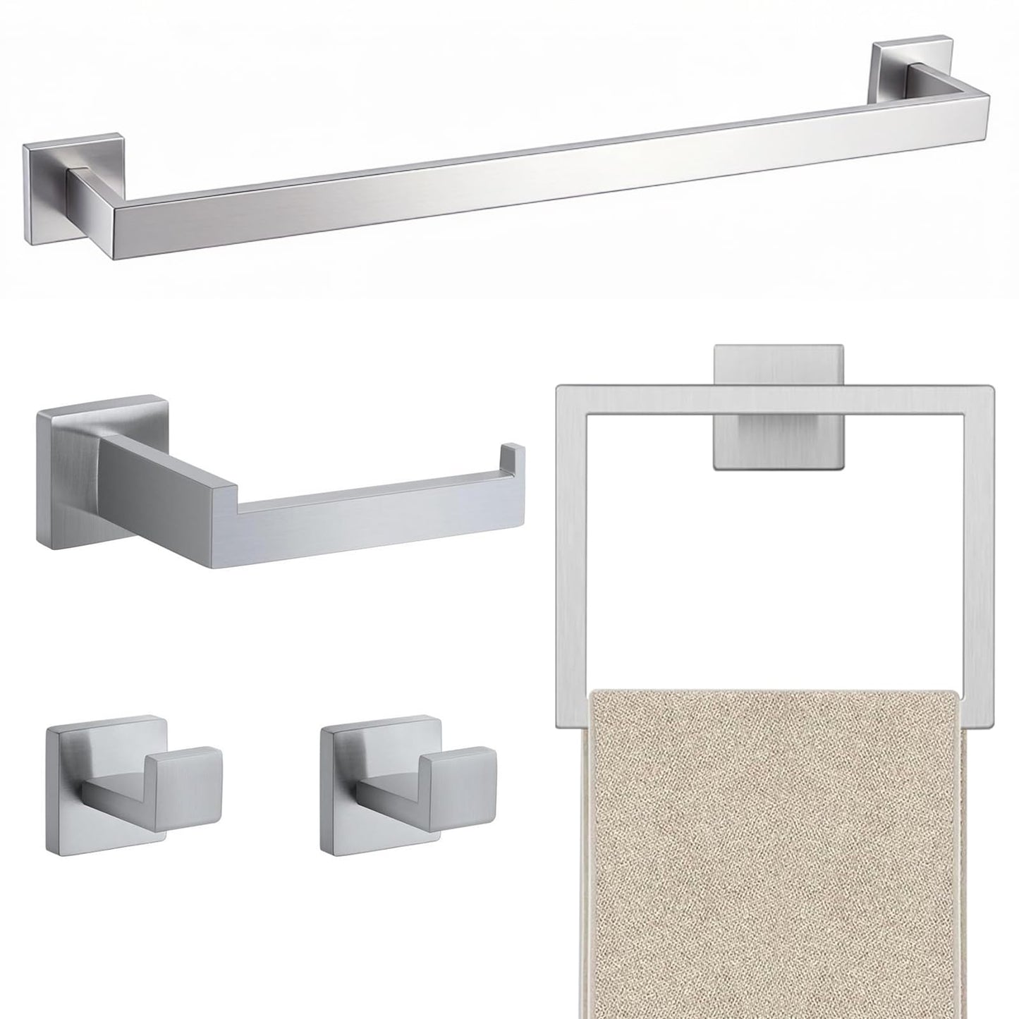 JOPOFI 5 Piece Bathroom Towel Bar Set - Thicken Stainless Steel Bath Towel Holder, 23.6 Inch Towel Racks for Bathroom Wall Mounted, Bathroom Hardware Accessories Set - Brushed Nickel