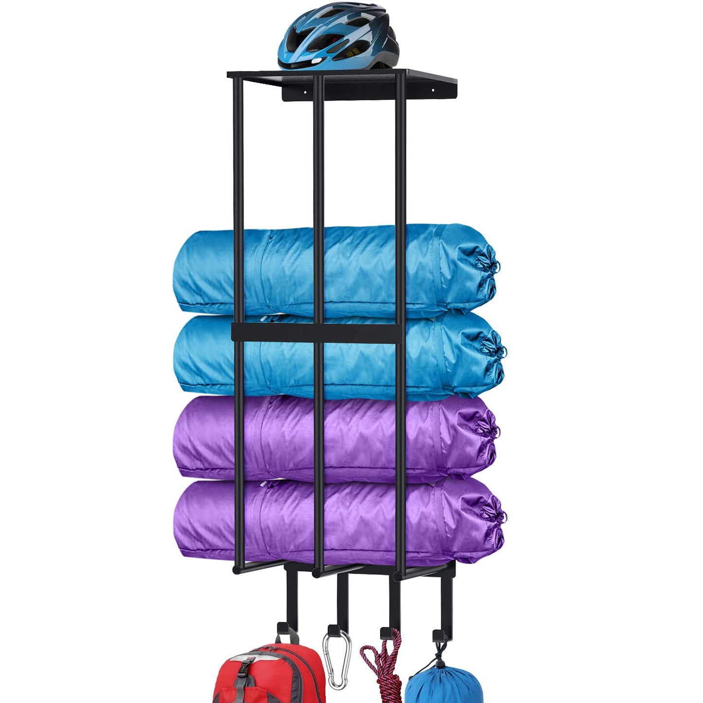Camping Chair Wall Storage for Garage - Metal Rack Holder, Floating Shelf, 4 Hooks, Stainless Steel - Beach Chair and Umbrella Organizer, Black