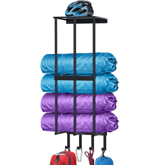 Camping Chair Wall Storage for Garage - Metal Rack Holder, Floating Shelf, 4 Hooks, Stainless Steel - Beach Chair and Umbrella Organizer, Black