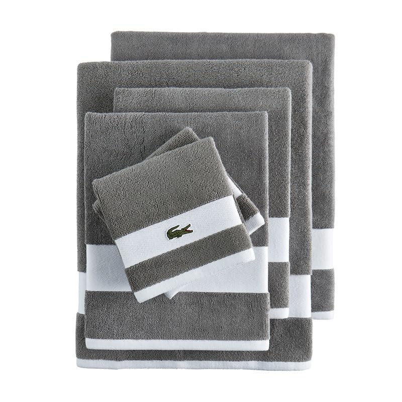 Lacoste Sport Stripe 6-Piece Luxury Cotton Towel Set – Made with 100% Soft Supima Cotton, Absorbent & Quick-Drying, Includes 2 Bath Towels, 2 Hand Towels, 2 Washcloths, Meteorite