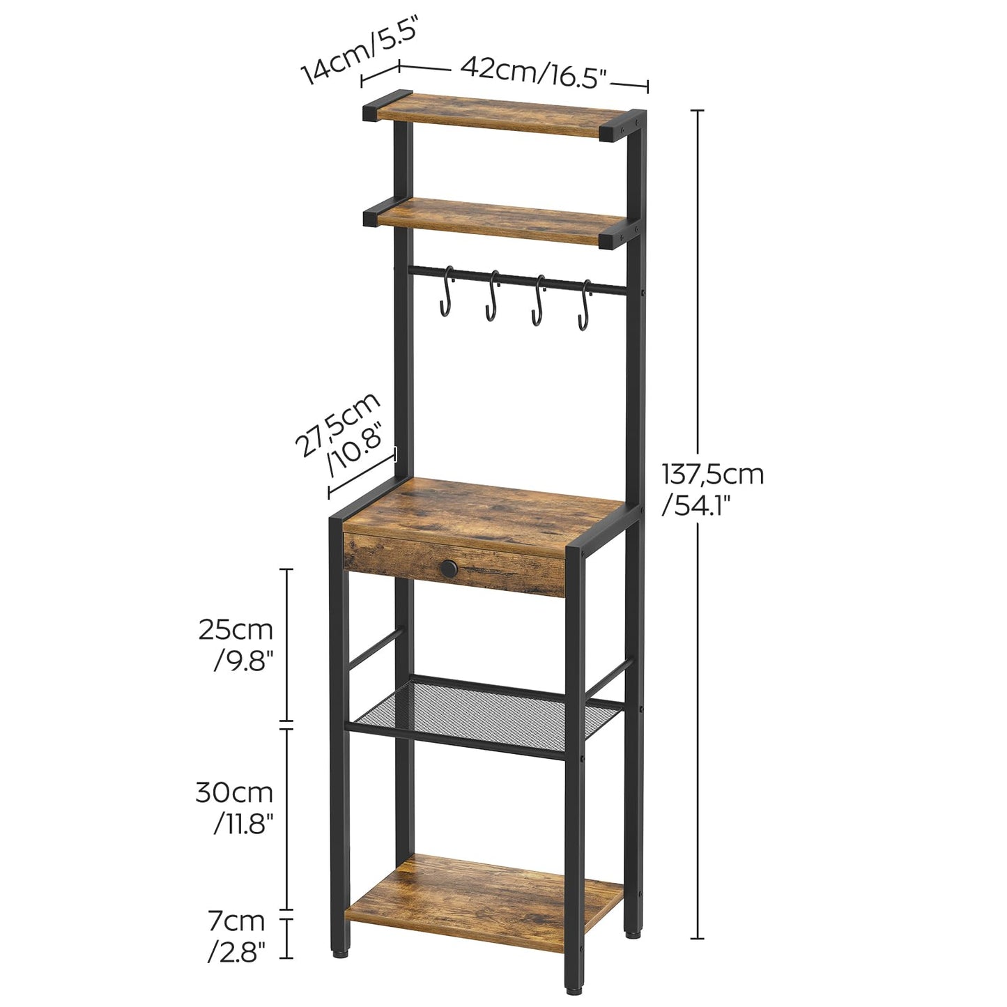 YATINEY Bakers Rack, 5-Tier Coffee Bar Station, Coffee Stand with Pod Drawer Holder, Versatile Kitchen Storage Rack with 4 Hooks, for Living Room, Cafe Corner, Rustic Brown and Black KF01BRY1