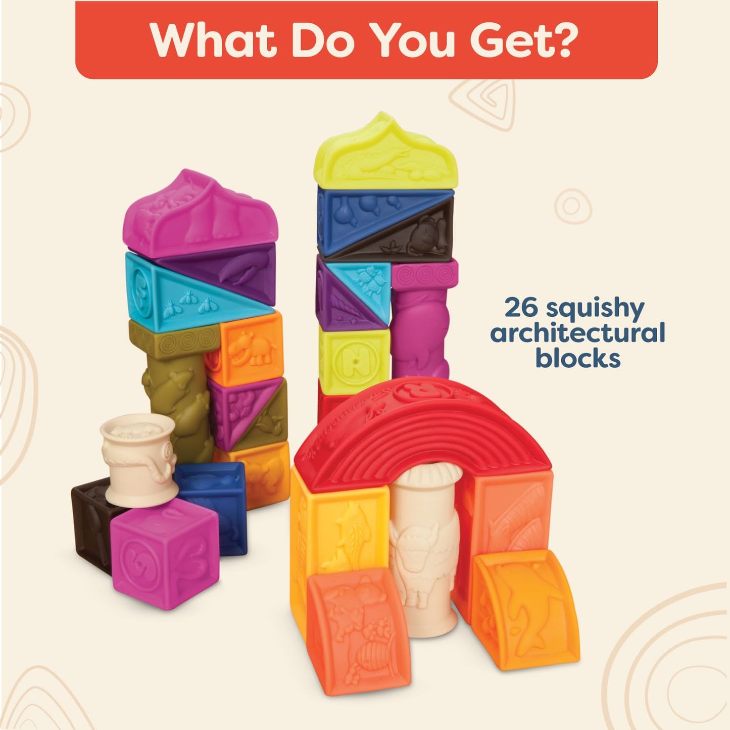 B. toys – Alphabet Learning Blocks for Babies & Toddlers – 26 Soft Squeezable ABC Blocks with Textured Animals – Educational Toys for Sensory Play, Bath Time & Early Development – 6+ Months