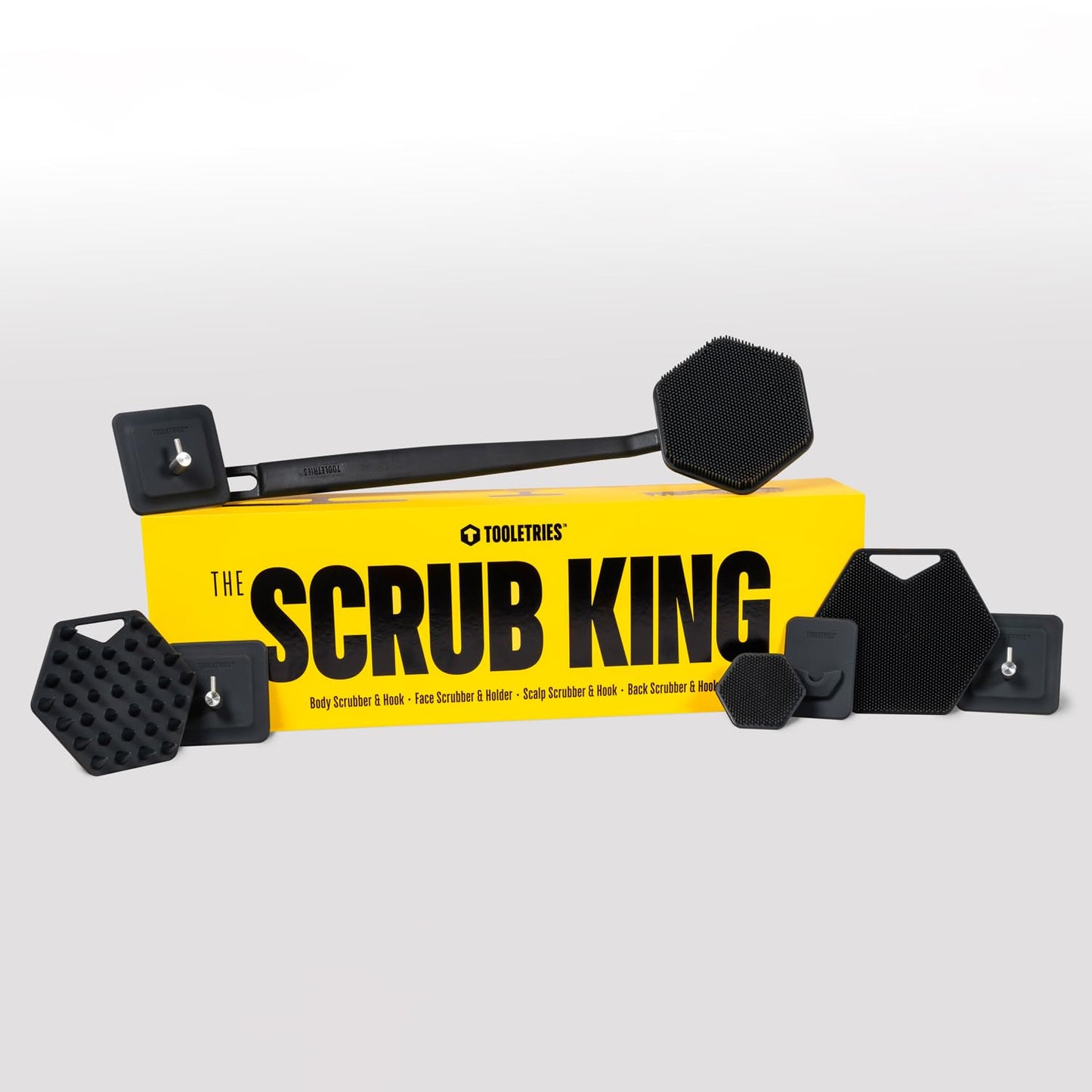 Tooletries - The Scrub King - Men's Silicone Body and Face Scrubber Set - Back Scrubber for Shower, Body Scrubbers, Storage Hooks, & Face Brush Holder - Shower Accessories for Men - Charcoal