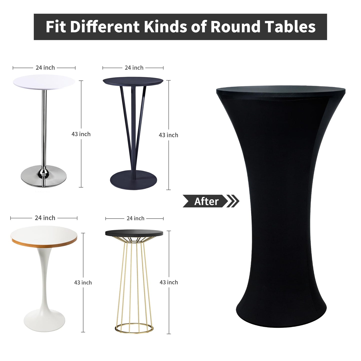 Wolkemer 4PCS 24x43 Inch Black Round Cocktail Tablecloth Fitted Highboy Stretch Cocktail Table Cover for Banquet Bar Party Pub Wedding Indoor Outdoor