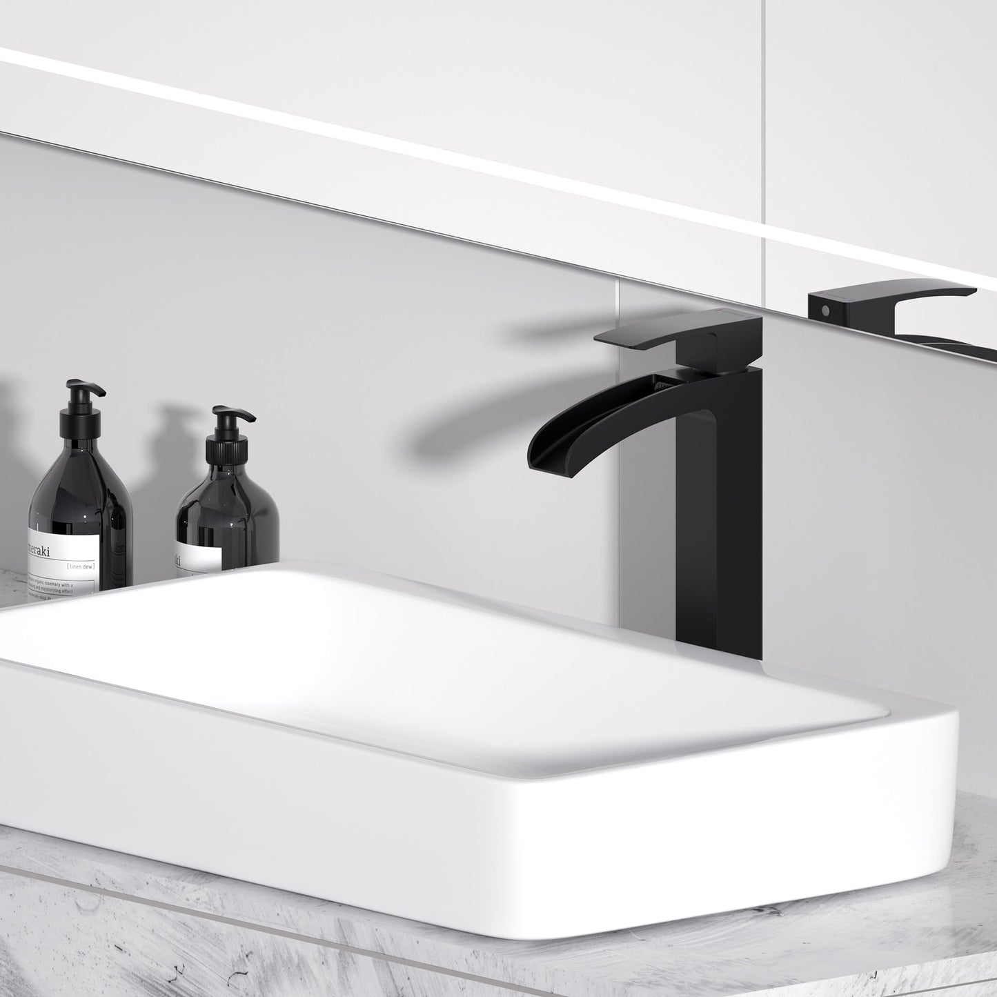 Lavatrum Bathroom Faucet Tall Vessel Faucet Matte Black Waterfall Deck Mount Single Handle Lavatory with Water Supply Line Lavatory Vanity
