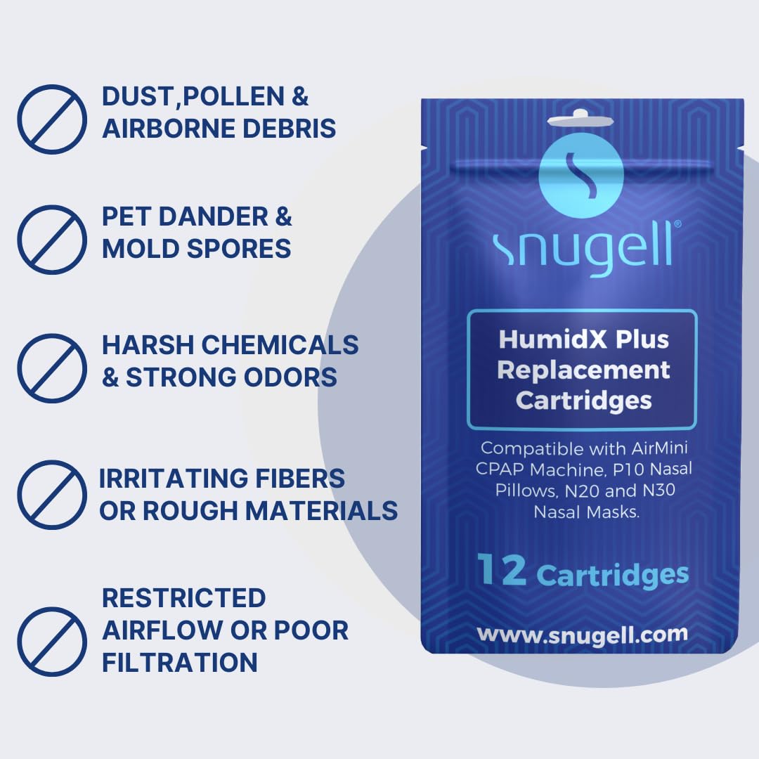 Snugell HumidX Plus for AirMini CPAP Machine –12-Pack – Replacement Cartridges for ResMed AirMini HumidX – Compatible with P10 Nasal Pillows & N20/N30 Nasal Masks – Enhances Comfort & Humidity Control
