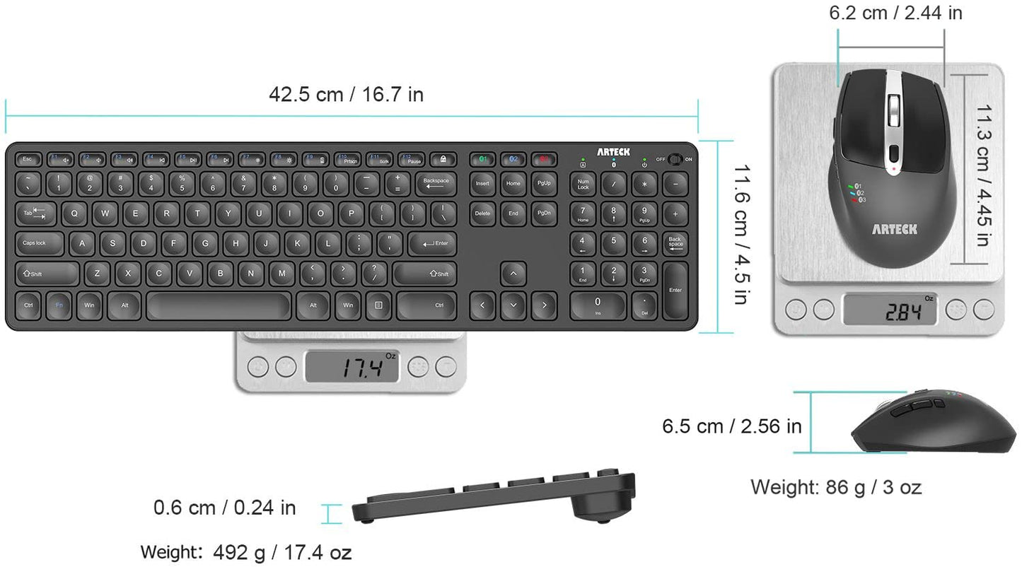 Arteck Universal Multi-Device Bluetooth Keyboard and Mouse Full Size Wireless Bluetooth Keyboard and Ergonomic Mouse Set for Windows, iOS, Android, Computer Desktop PC Laptop iPad Tablet Smartphone