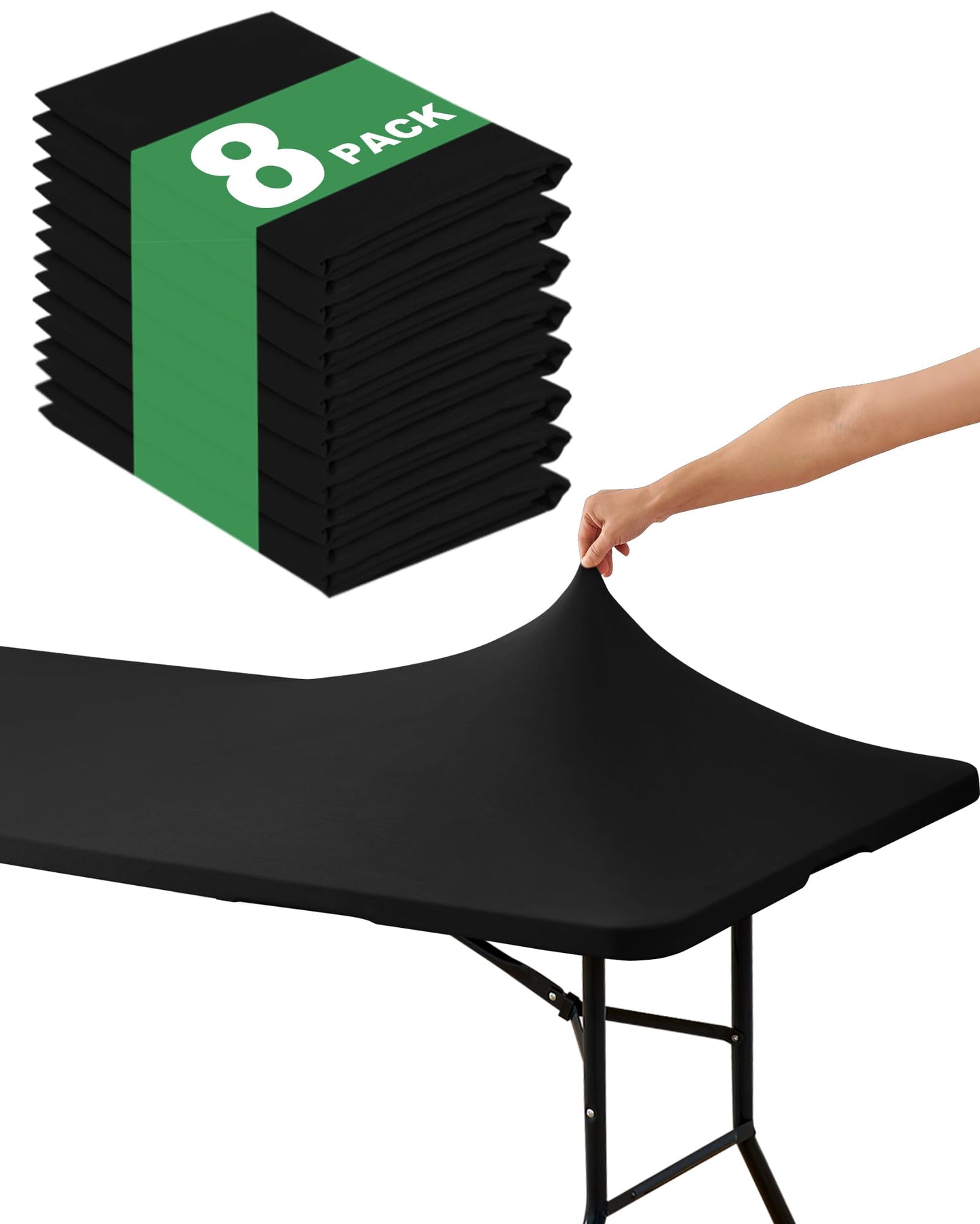 KeyWave Fitted Tablecloth Rectangle Table Cloths - 8 Pack 6 Foot Elastic Stretch Folding Table Top Cover Water-Resistant Reusable for Outdoor Picnic Camping Party Event, Black, 72" L x 30" W