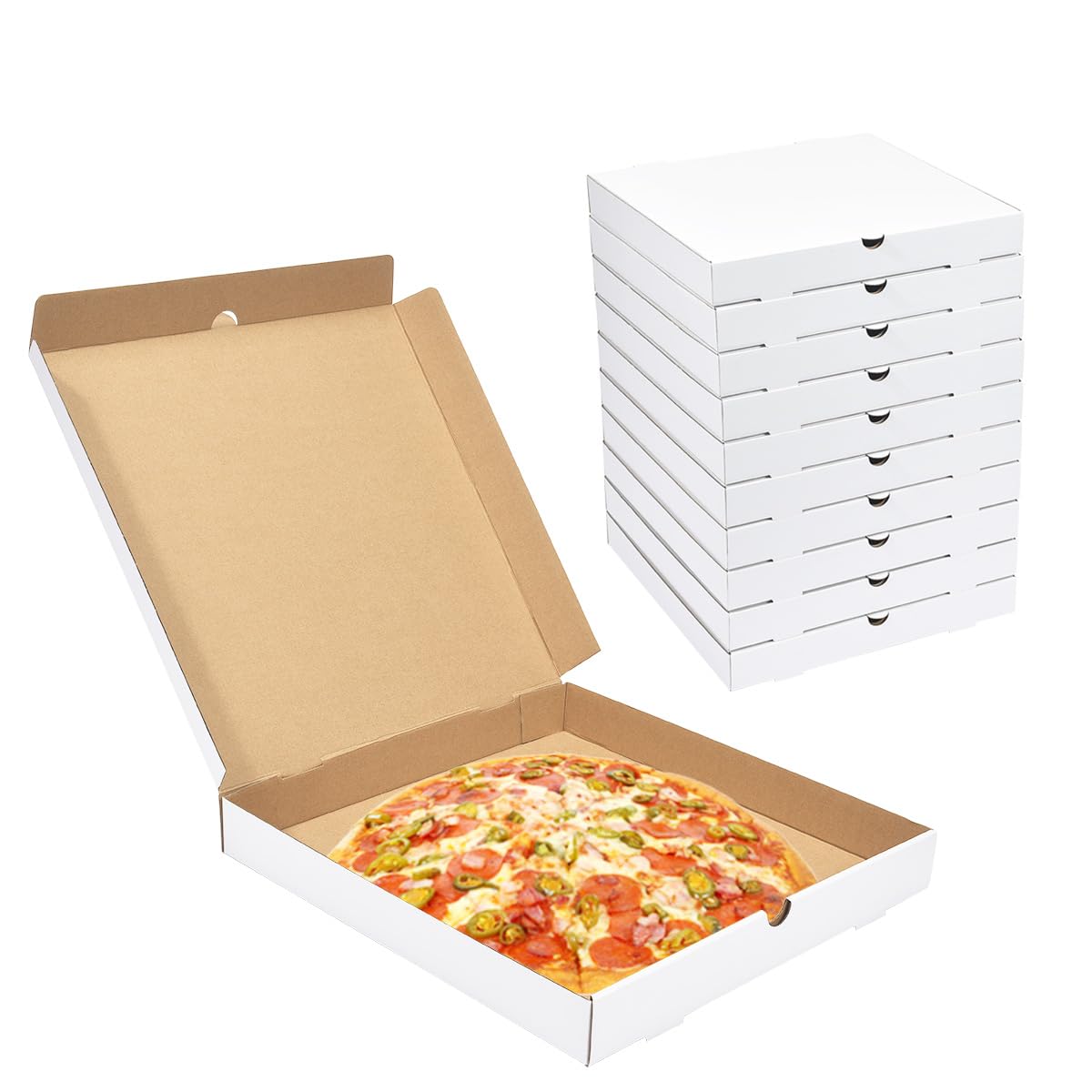 Huoshange White Corrugated Cardboard Pizza Boxes 14x14x2 Inch,10 Pack Large Pizza Box for Homemade Pizza,Food, Donut and Pies