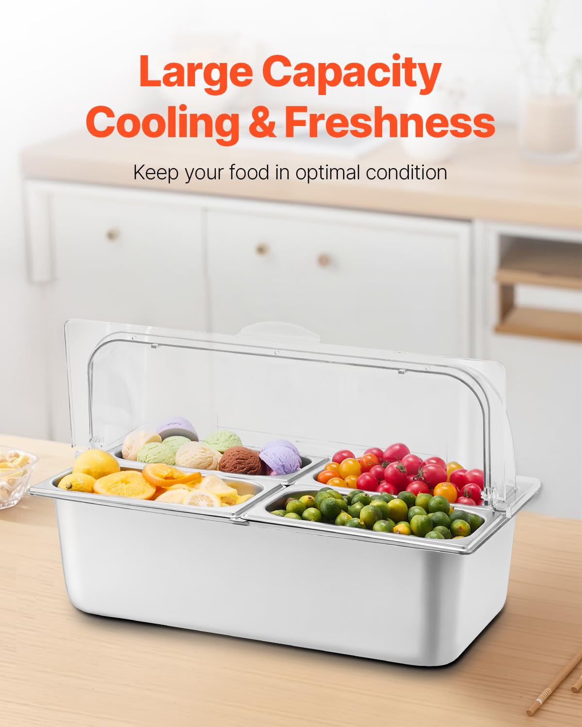 VEVOR Countertop Food Serving Display Container, 4 Pan Stainless Steel Food Serving Tray, Buffet Condiment Dispenser Display Rack with Clear Lid & 3 Freezer Boxes, for Restaurant Hotel Kitchen Party
