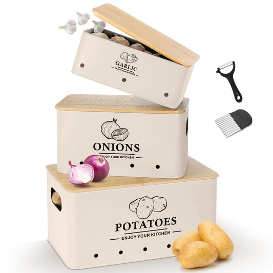 Dekosilave Kitchen Vegetable Storage Set of 3, Metal Onion Garlic Potato Storage Set, Kitchen Canisters Vegetable Keeper Containers with Aerating Holes and Wooden Lid (Beige)