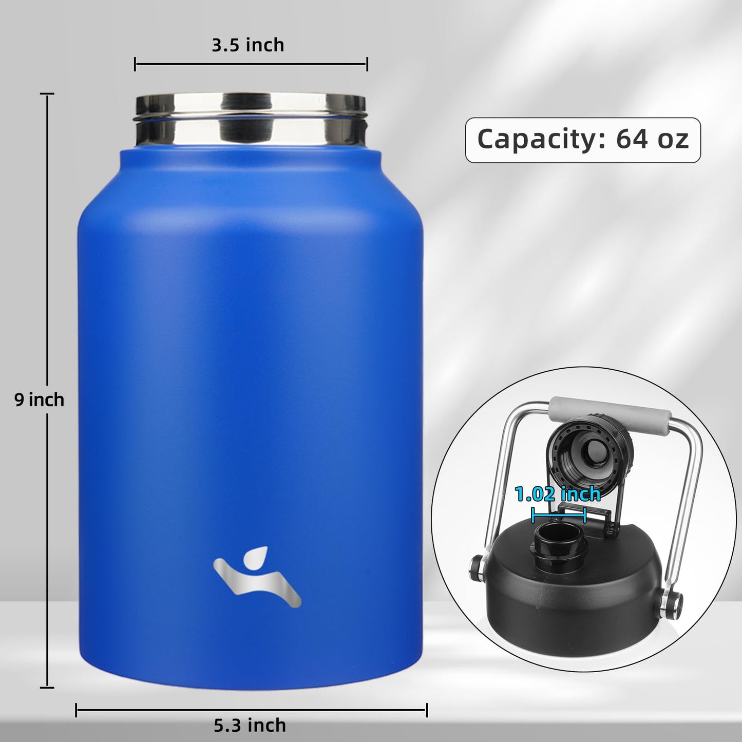 Konokyo Half Gallon Jug with Handle,64 oz Insulated Water Bottle with Carrying Pouch,Double Wall Vacuum Stainless Steel Metal Bottle,Blue
