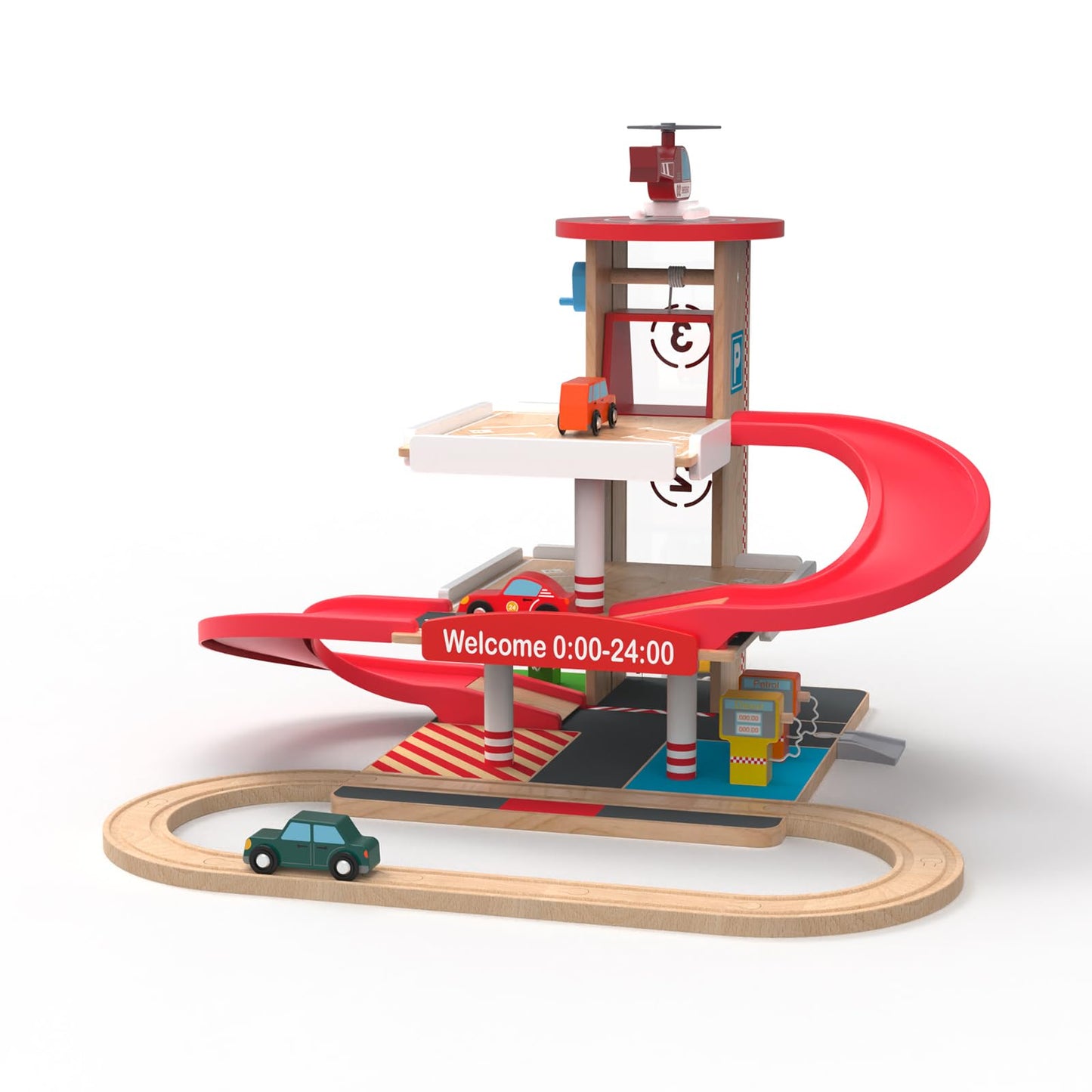 Letoiz Toy Car Garage with Rails, Wooden Parking Garage Toy Playset w/Elevator, Toddler Race Car Ramp Track Toy Set with 4 Mini Cars for Old Boys and Girls Kids Ages 3+ Birthday Gift Christmas