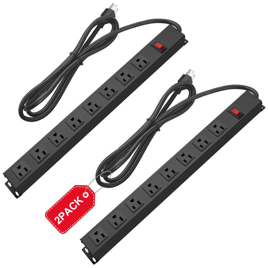 2Pack Metal 8 Outlet Mountable Power Strip, Wall Mount Outlet Heavy Duty, Wide Spaced Commercial Shop Power Strip with Switch, 6 FT SJT 14AWG Power Cord.