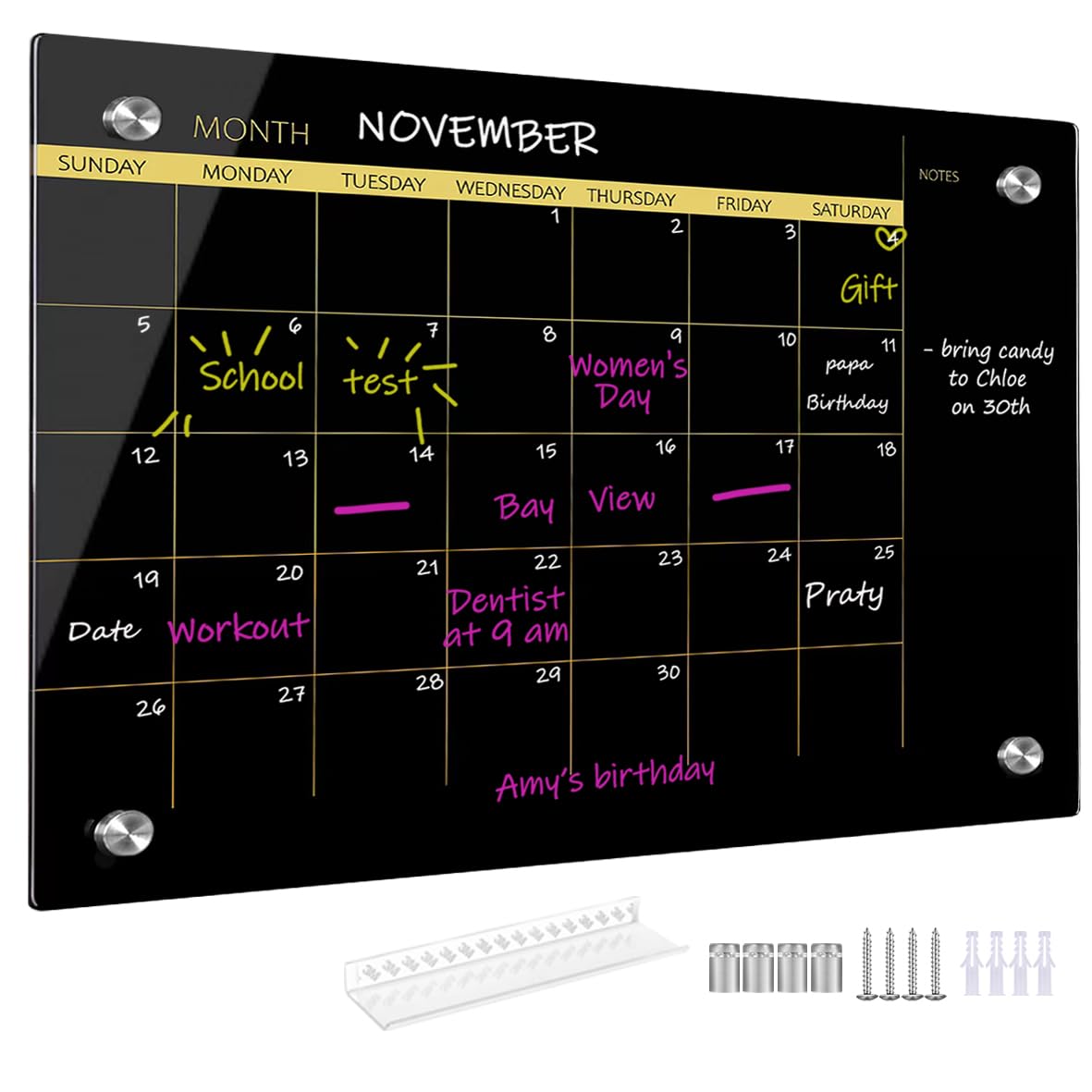 Glass Dry Erase Whiteboard,Monthly Calendar Whiteboard,18" x 24",Frameless Glass White Board for Home,School,Office,Blace Surface(GlassA-BK-4560)