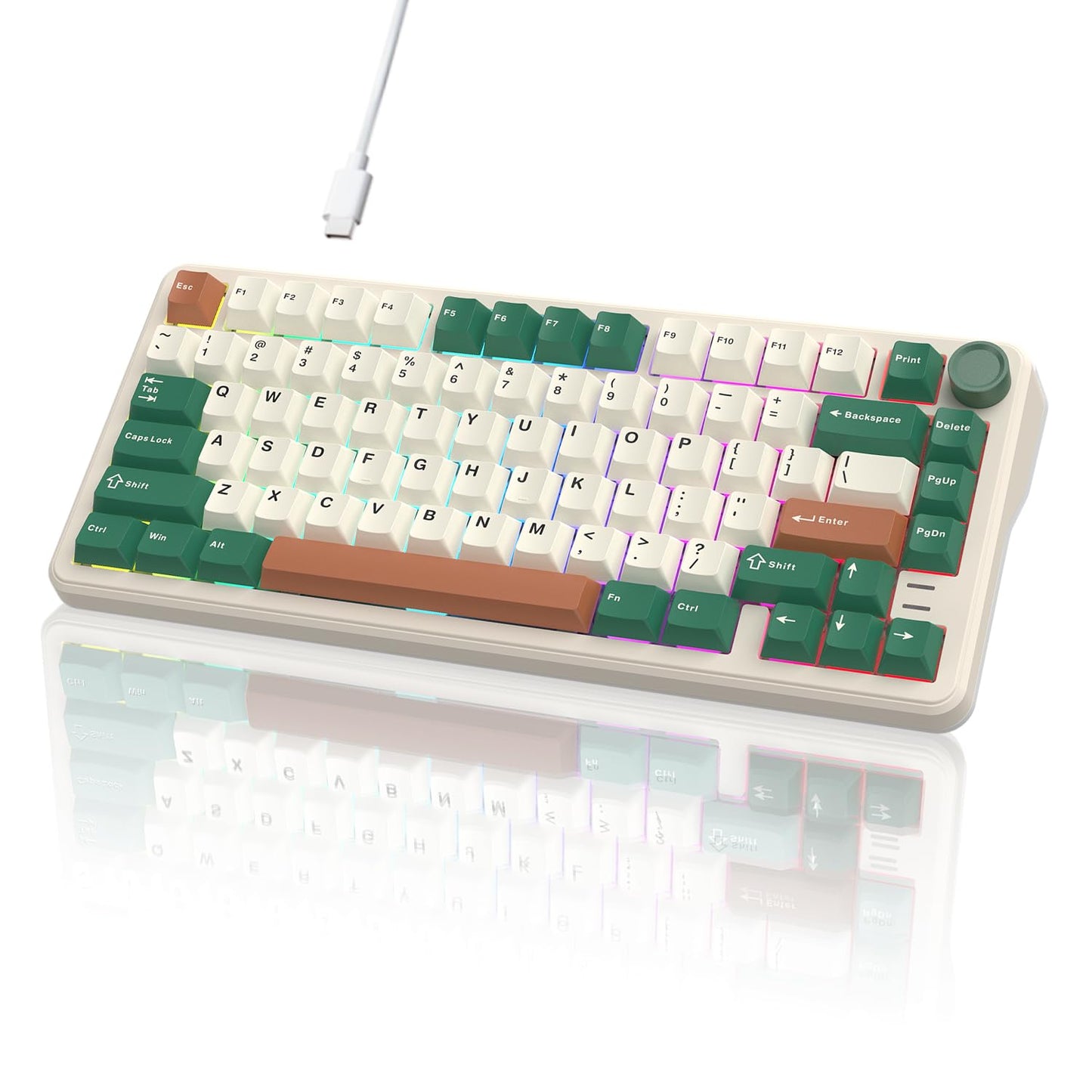 HELLO GANSS 75% Retro Green Wired Hot Swappable Mechanical Keyboard with Metal Knob | Mount Gasket | Programmable RGB Backlit & Adjustable Side Light (KTT Brown Switch)