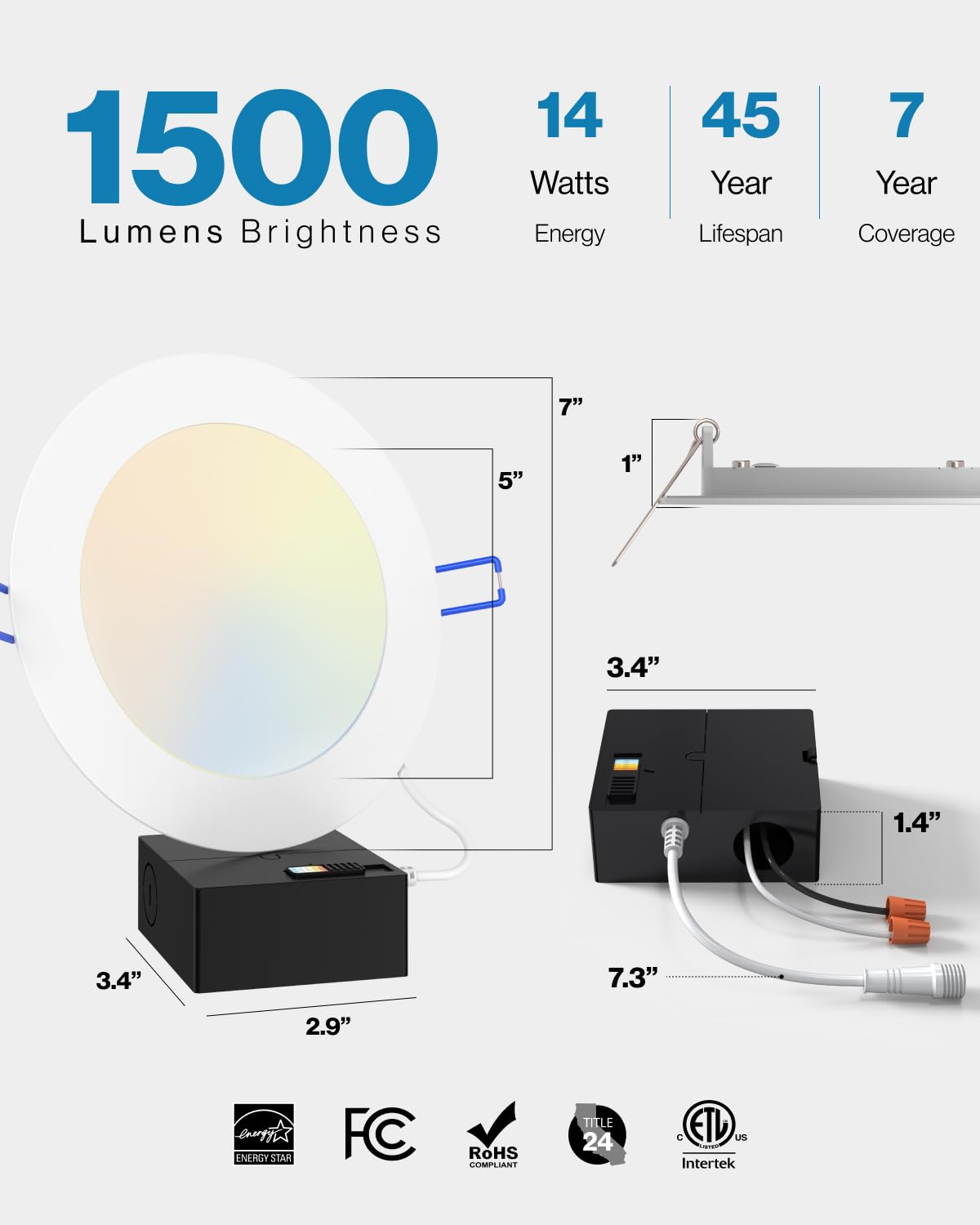Sunco 12 Pack 5CCT 6 Inch Ultra Thin LED Recessed Ceiling Lights Slim 1500LM High Brightness, 2700K/3000K/3500K/4000K/5000K Selectable, Dimmable, 14W, Canless Wafer with Junction Box.