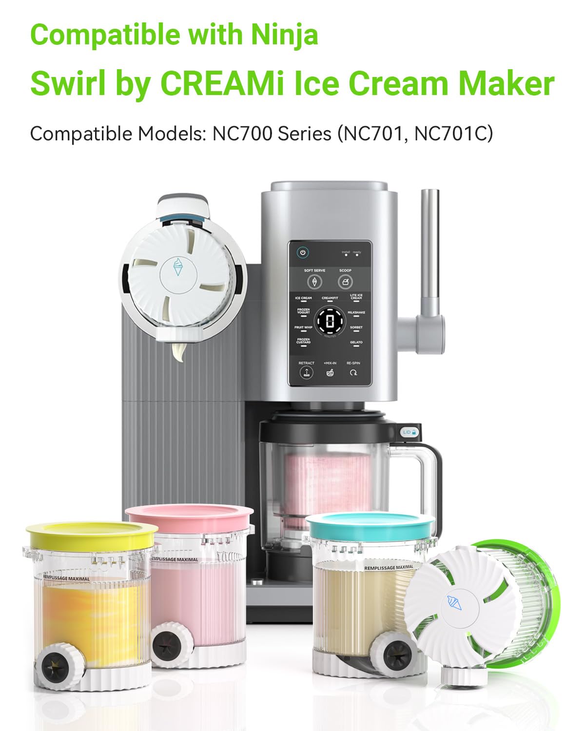 4 Pack for Ninja Creami Swirl Pints and Lids Compatible with Ninja NC700 Series, NC701, NC701C, Creami Containers for Swirl Ice Cream & Soft Serve Makers, BPA-Free, Dishwasher Safe