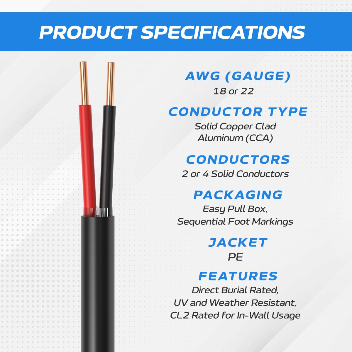 Cables Direct Online 18-Gauge Outdoor Alarm Wire, 500 Ft, Black 18 AWG, 2 Conductor, Copper Clad Aluminum, Solid Bulk Security Cable | CL2 Rated, Direct Burial, UV & Weather Resistant for Exterior