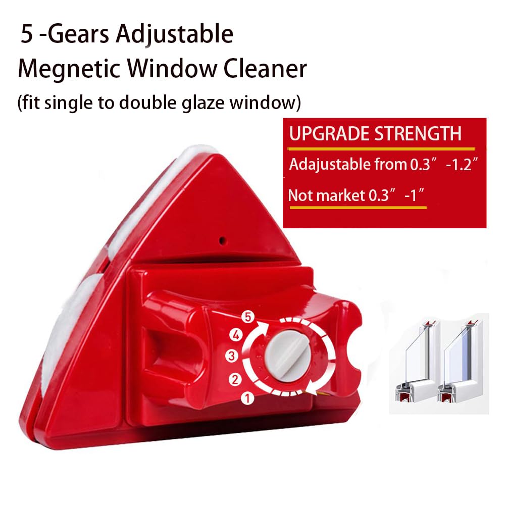 Fcare Outside Magnetic Window Cleaner, Double-Sided Brush Glass Wiper Cleaning Tools, Adjustable Magnetic Glider for High-Rise Double Glazed Thick Windows Thickness 0.3"-1.2" (red)