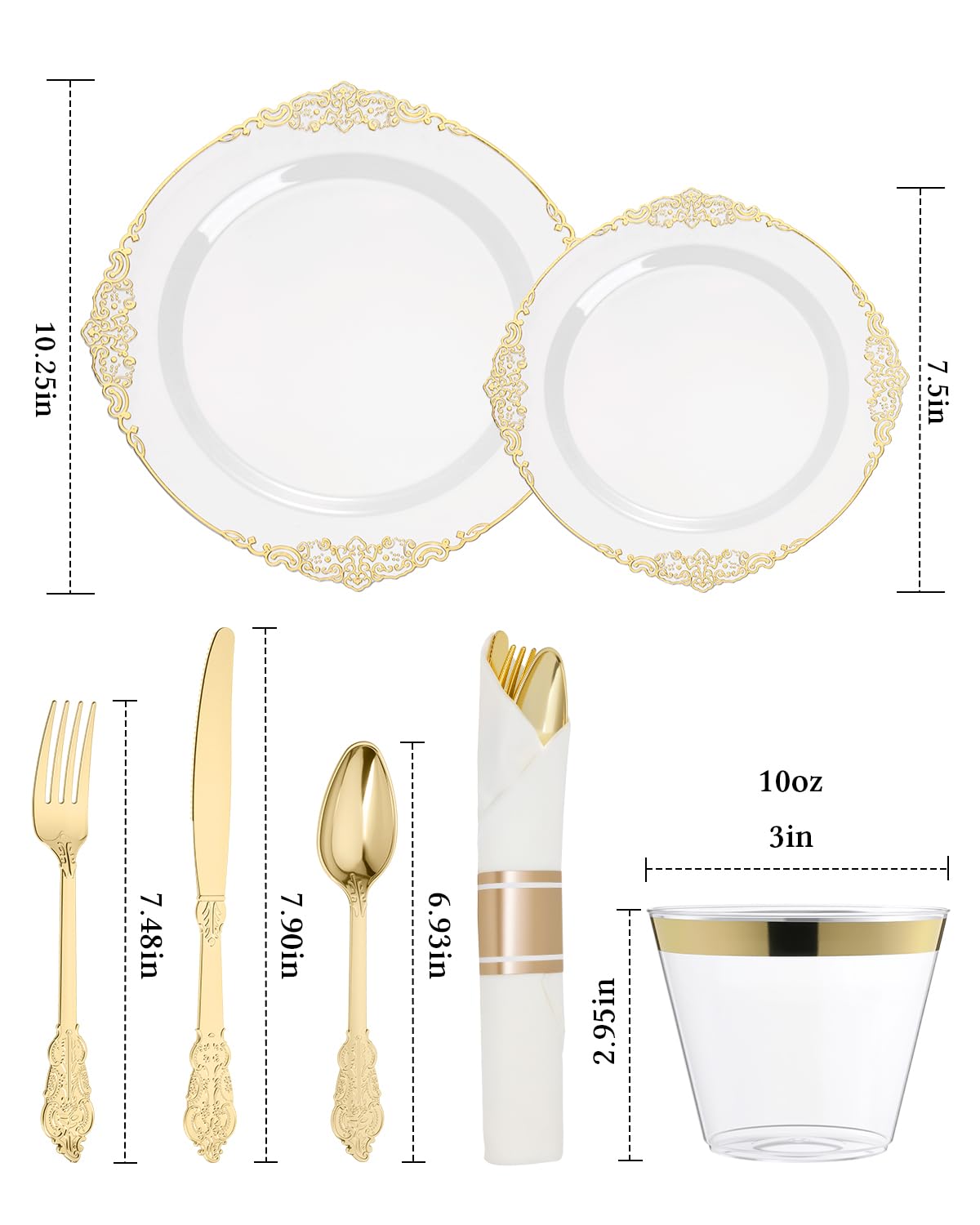 Goodluck 350 Piece Gold Plastic Dinnerware Set for 50 Guests, Fancy Disposable Plates, Include: 100 Gold Rim Plastic Plates, 150 Silverwares, 50 Pre Rolled Napkins, 50 Cups for Party, Wedding
