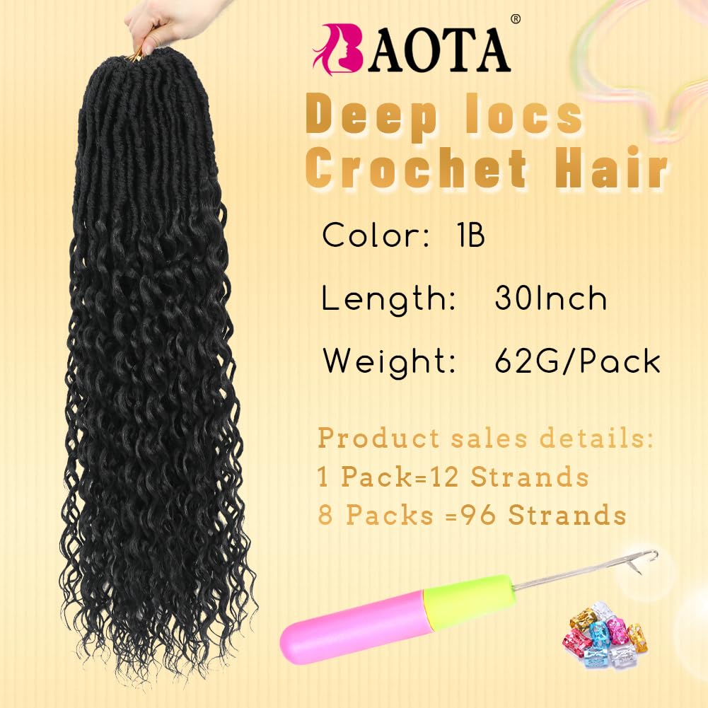 Crochet Hair for Women with Curly Ends 30 Inch Goddess Locs Crochet Hair Deep Soft Faux Locs Crochet Braids Pre Looped Curly Wavy Dreadlock Extensions 8 Packs 1B