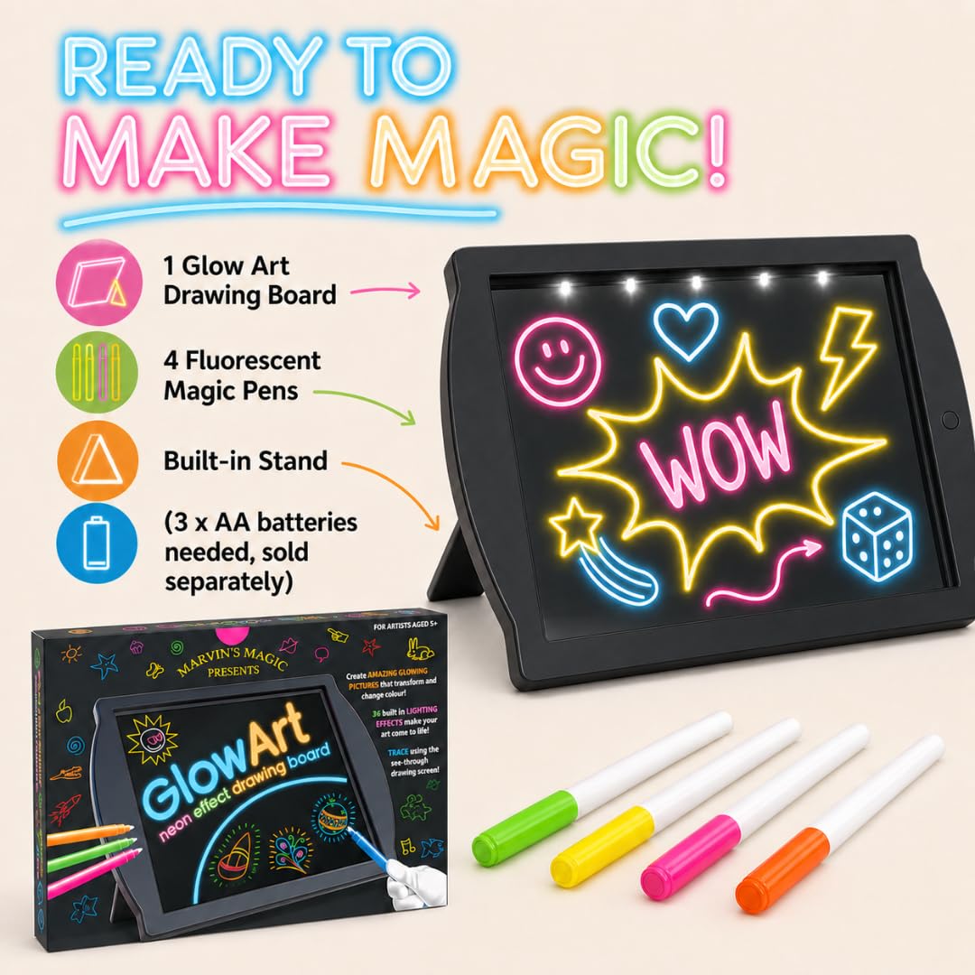 Marvin's Magic - Glow Art Unique Craft Kit | Light Up Kids Art Set | Includes Neon Effect Drawing Board with A Built-in Stand and 4 Fluorescent Magic Pens - Black