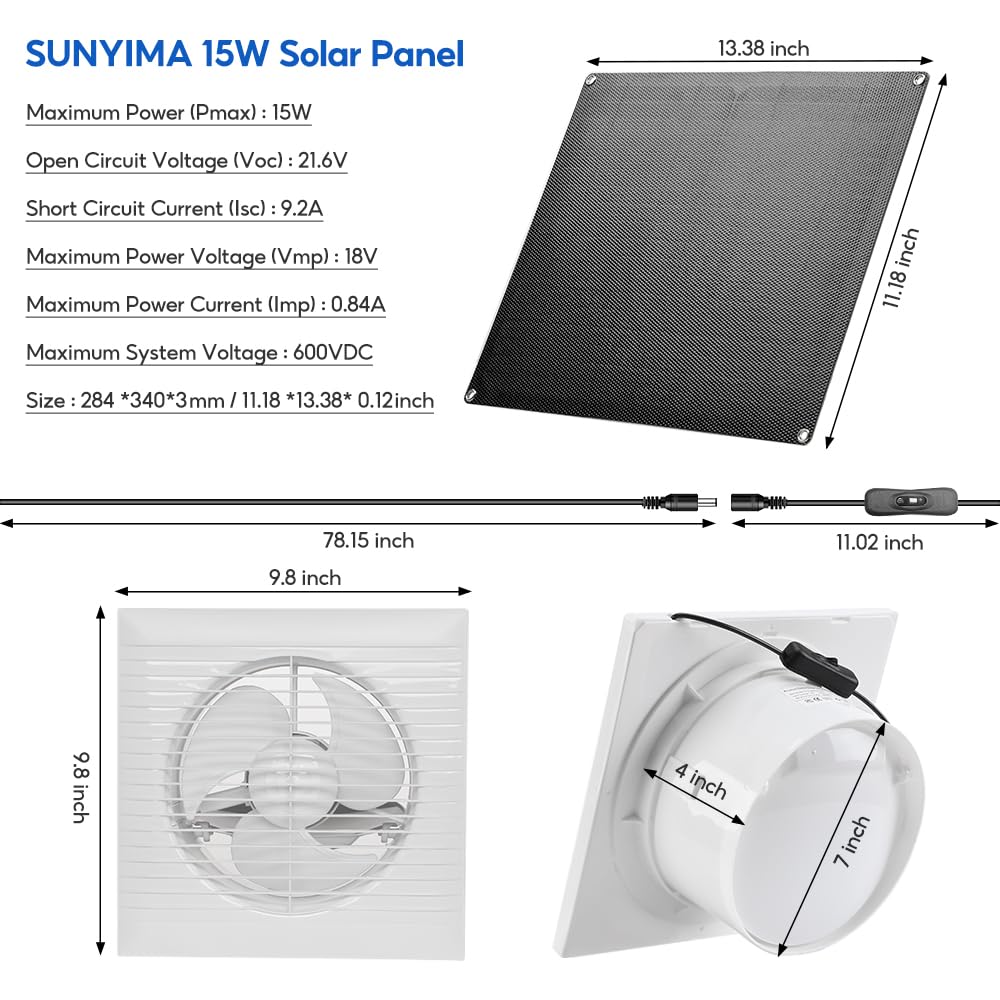 SUNYIMA Solar Powered Exhaust Fan, 15W Weatherproof Solar Panel with 8 Inch Solar Exhaust Fan for Shed Ventilation, Small Chicken Coops, Greenhouses, Pet Houses, Window Exhaust, Garage