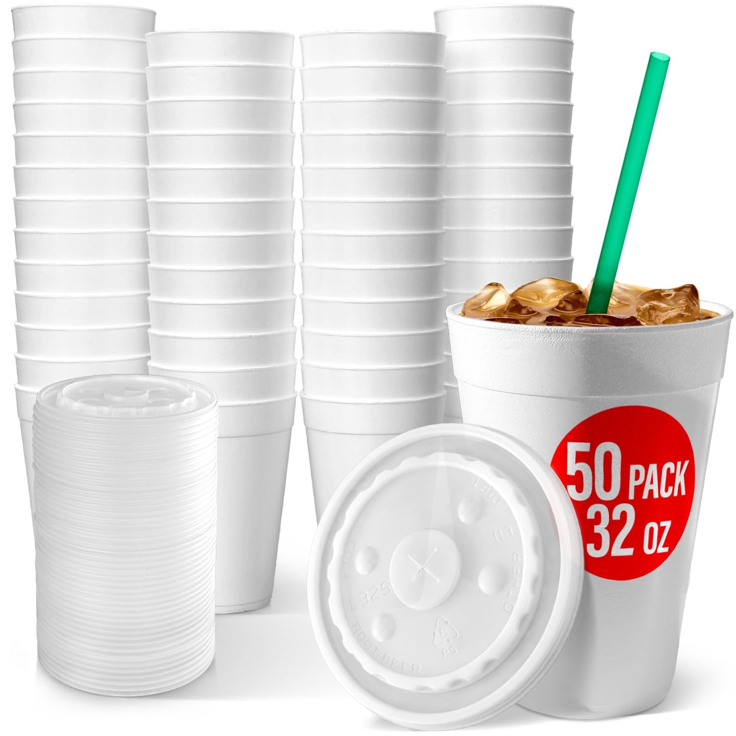 32 Oz Styrofoam Cups with Lids (50 Pack) Large Foam Cups for Hot and Cold Drinks, Insulated White Styrofoam Coffee Cups, Soda, Juice, Tea - Made in USA