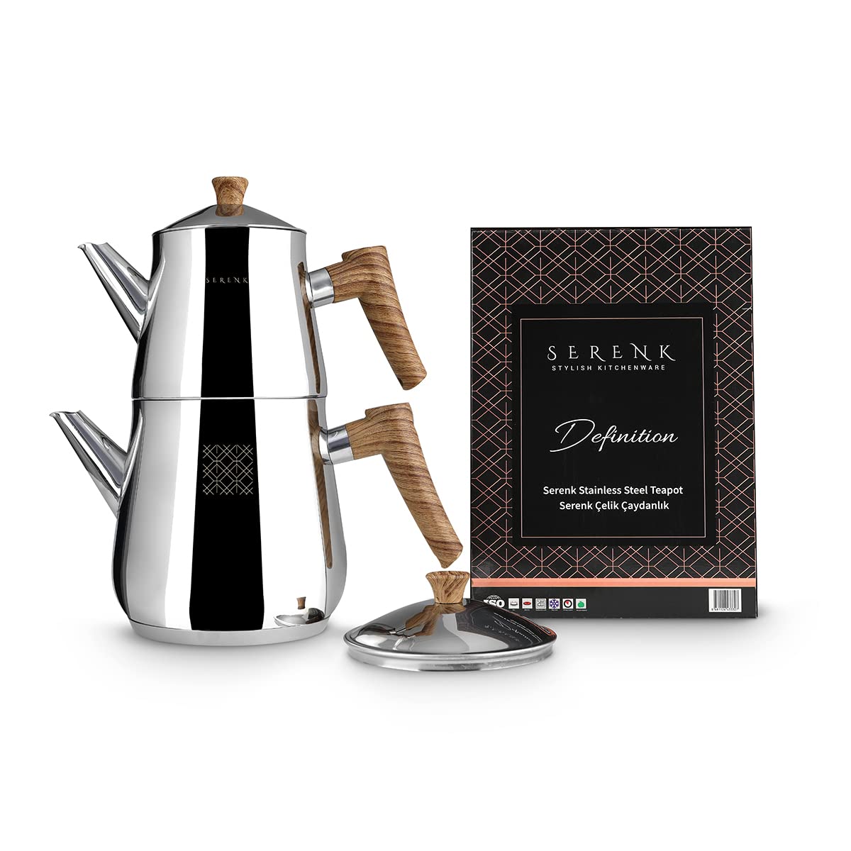 Serenk Definition Stainless Steel Teapot Set, 1L Teapot & 2L Lower Pot, Double-Stacked Design, Induction Compatible, Mirror Polished Finish, Tea Kettle for Home
