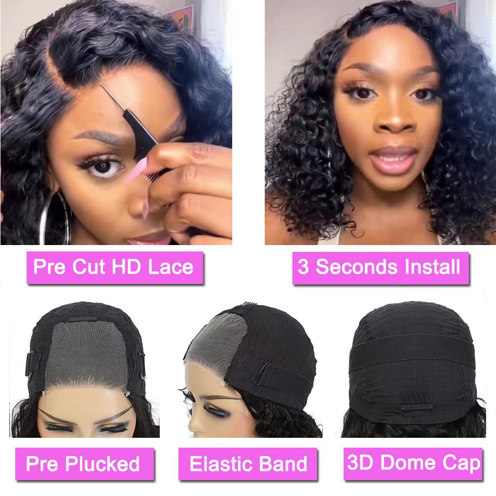 Wear and Go Glueless Wigs Human Hair Pre Plucked Pre Cut 4x4 Lace Front Wigs for Black Women Glueless Water Wave 180 Density Curly Bob Wig Human Hair for Beginners(16 Inch)