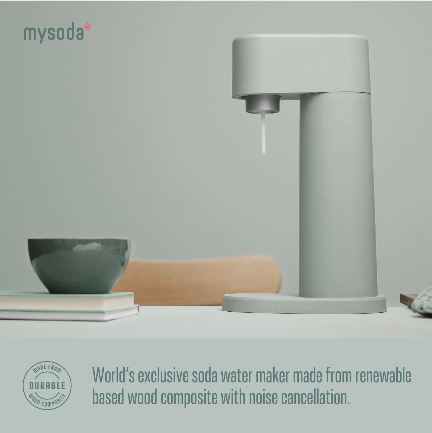 Mysoda Woody Sparkling Water Maker - Silent Carbonated Water Machine Made of Renewable Wood Composite and 1L Water Bottle - Without CO2 Cylinder - Seltzer Maker Machine - Colour Sage Green