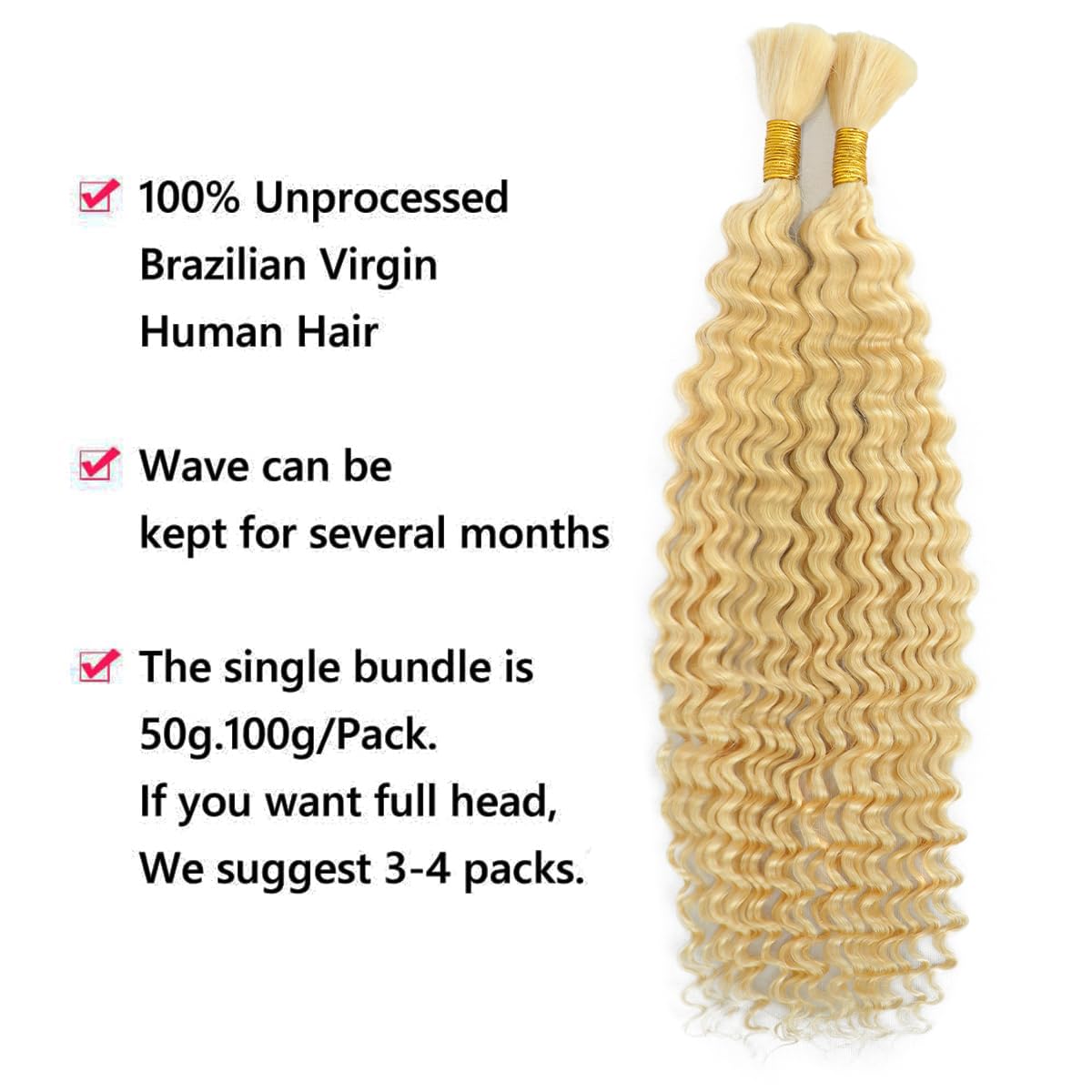 613 Blonde Human Braiding Hair Deep Wave Bulk Human Hair For Braiding No Weft Bundle 100g 2 Bundles/Pack 100% Brazilian Virgin Deep Wave Curly Human Hair Extensions For Braids Human Hair 16 Inch