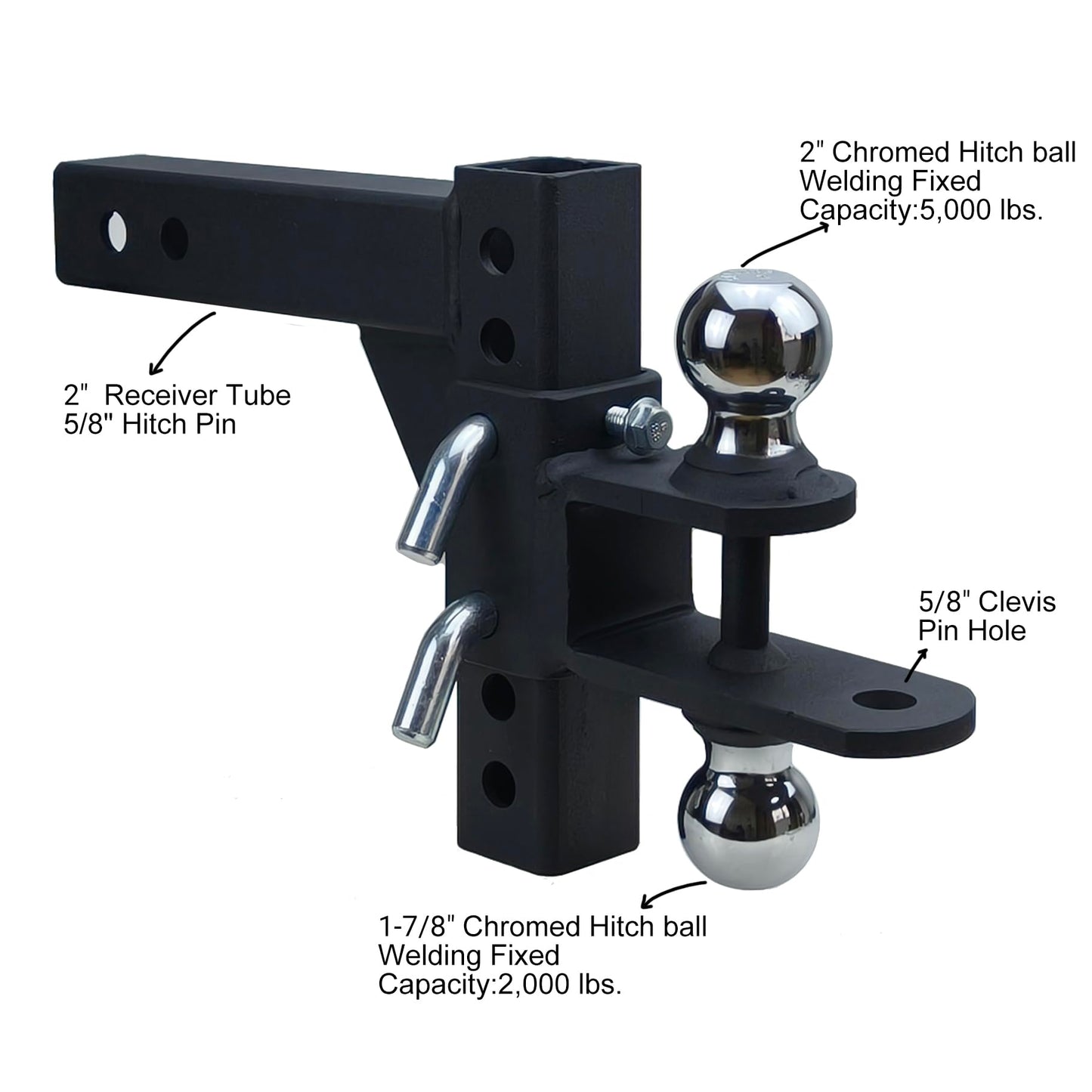 REDTEE Multi-Purpose Adjustable ATV/UTV Trailer Hitch Ball Mount with 2-Inch Receiver, 1-7/8 & 2-Inch Dual Ball Tow Hitch, Includes Pin & Clip, Fits 5/8-Inch Clevis Pin, Matte Black