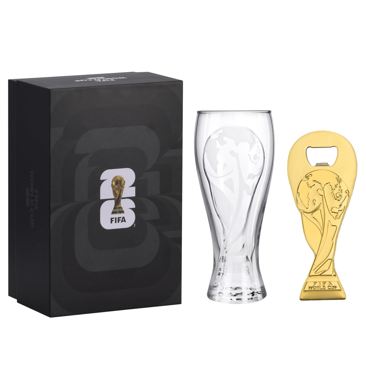 Official FIFA World Cup 2026 Edition - 17oz Pilsner Beer Glass & 6-Inch Trophy Bottle Opener Gift Set - 1 of Each - Perfect for Parties, Mancaves, Gamedays, Tailgates, BBQ’s - Collectors Drinkware Set