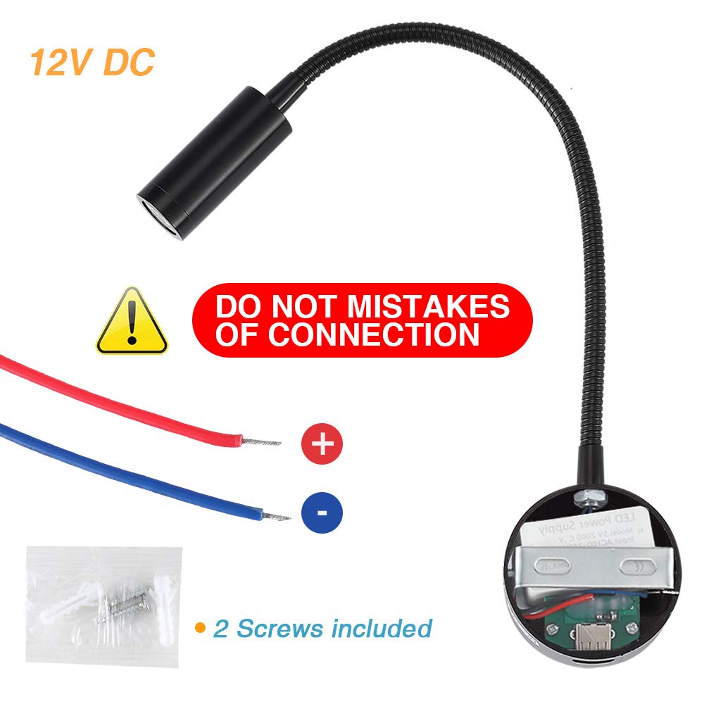 WisHomee Dimmable RV Reading Light with USB Charging Port, DC 12V RV Interior Lights, Flexible LED Light Fixtures, Designed for Camper, Van, Boat and Motorhome, 2 Pack(Black)