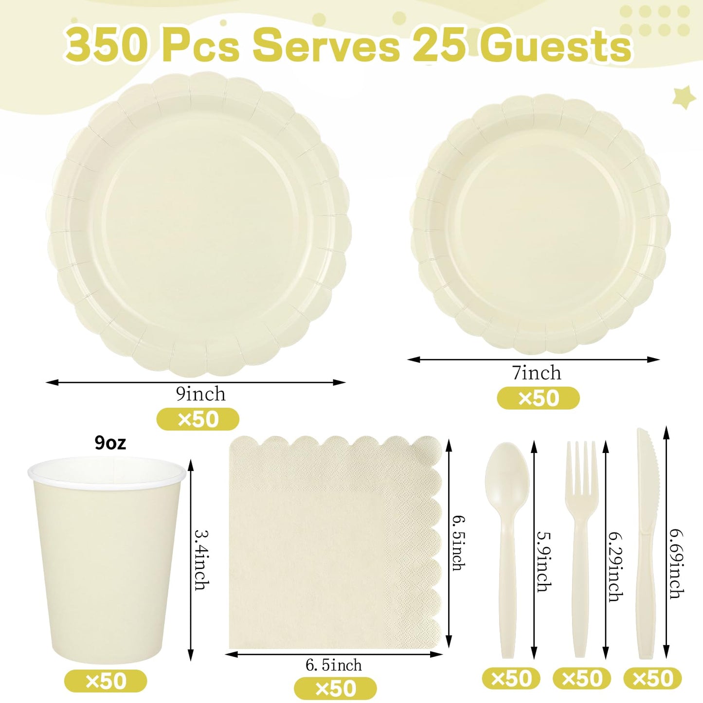 Xiangqu 350 Pcs Ivory Dinnerware Sets, 9" Party Plates, 7" Cream Dessert Plate, 9oz Cups & Cutlery, 50 Guest Beige Scalloped Disposable Plates Set for Baby Bridal Shower, Wedding, Birthday