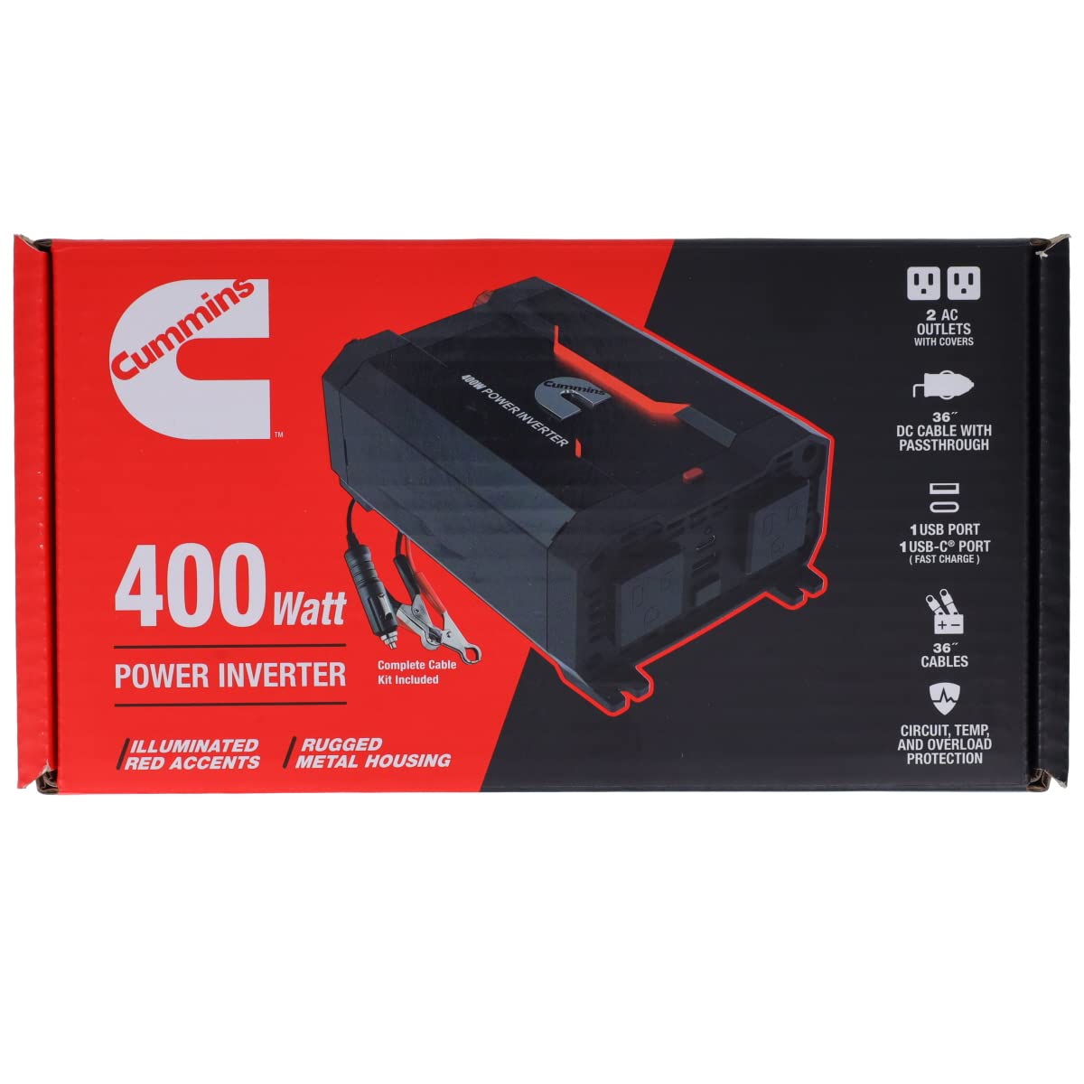 Cummins CMN400 400 Watt Car Inverter DC 12 Volts to 110 Volts AC Converter (Full Kit Included) 2 AC Ports Plus 2.4A USB & Fast-Charge 3.0A USB-C