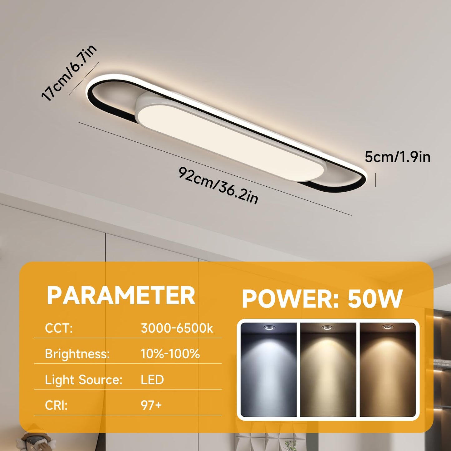 GBMEDZG 3Ft Smart LED Ceiling Lighting,50W High Brightness Linear Flush Mount Light Fixture,36.2" Dimmable Led Ceiling Lamp with Remote Control for Kitchen,Garage,Hallway,Laundry,Study Room.