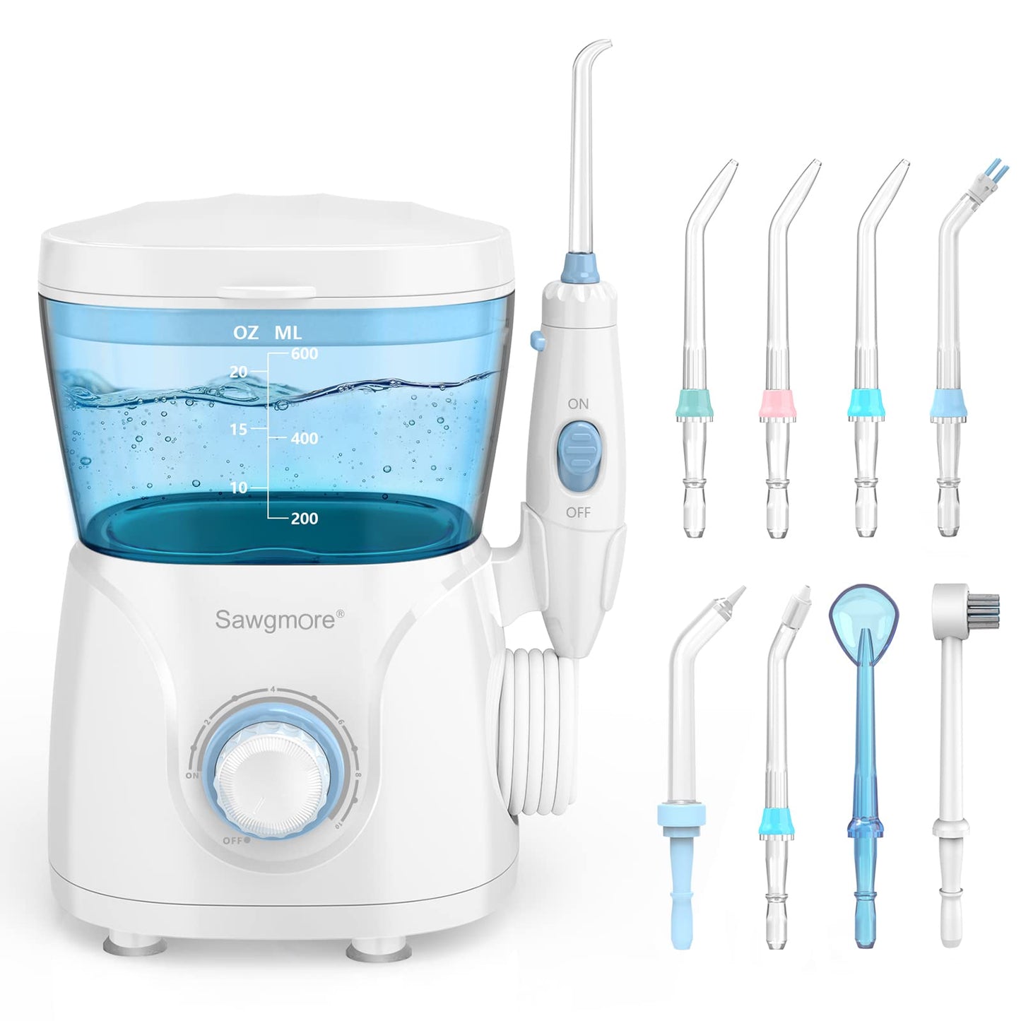 Sawgmore FC166 Water Flosser for Teeth/Braces, 600 ml Large Capacity, 10 Adjustable Pressures,8 Home Nozzles Professional Oral Irrigator for Teeth Clean(White)